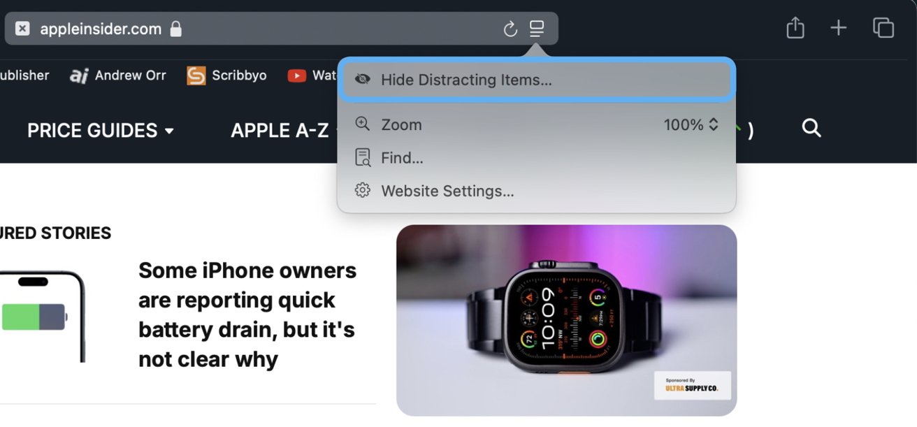 Webpage displaying an article about iPhone battery issues, with a smartwatch and menu overlay showing options like hide, zoom, and find.