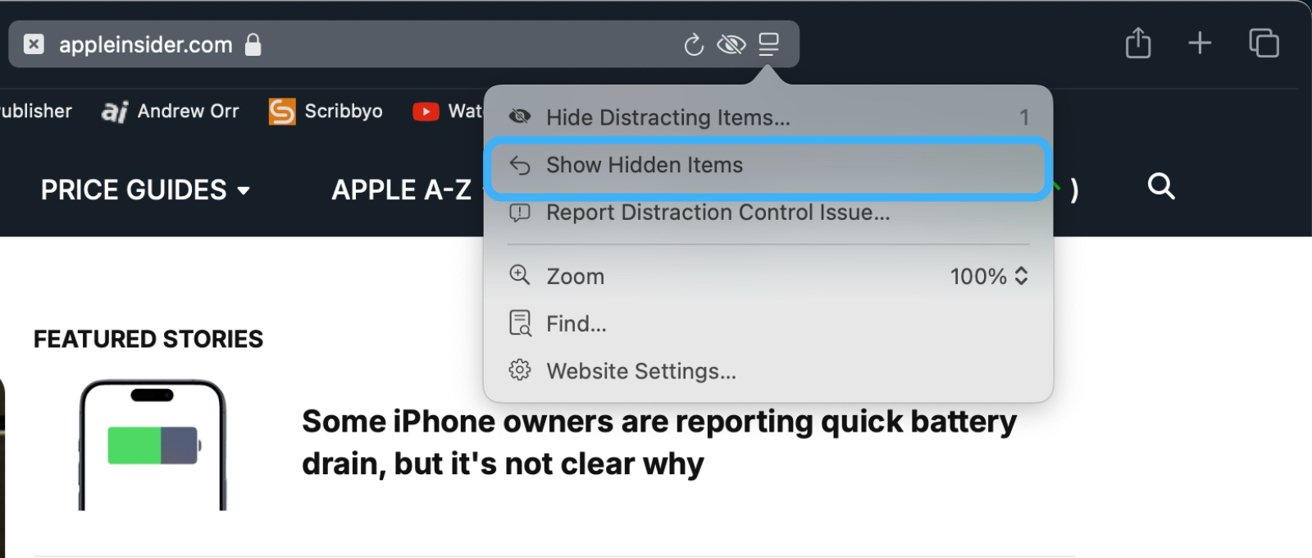 Web browser menu with options: Hide Distracting Items, Show Hidden Items, report issue, zoom, find, website settings, battery drain article visible.