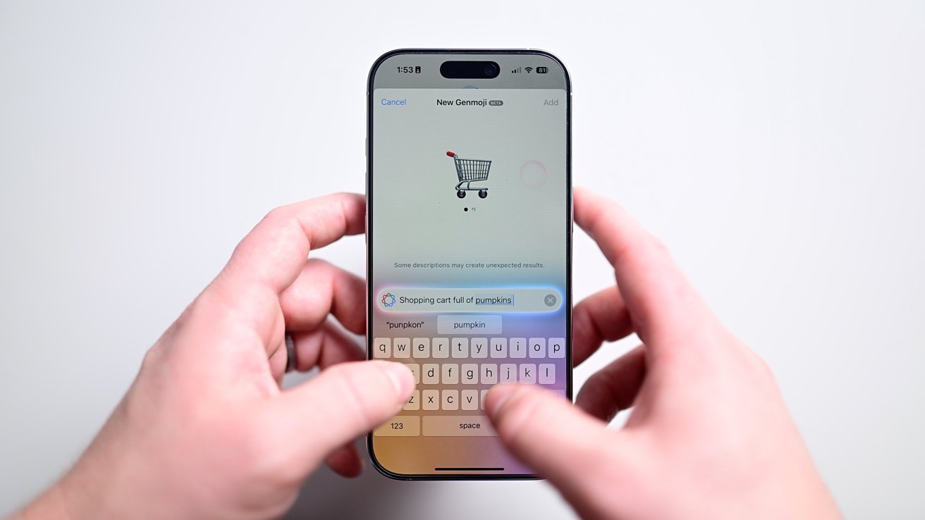 Hands holding a smartphone, typing a phrase beneath a shopping cart icon on the screen.