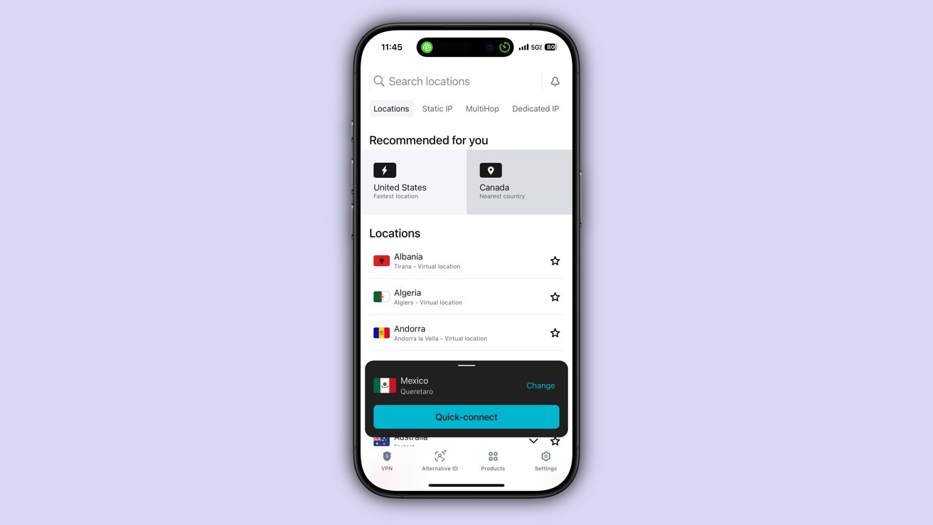 Smartphone displaying VPN app with country options including United States and Canada. The quick-connect feature is set to Mexico, Queretaro.e