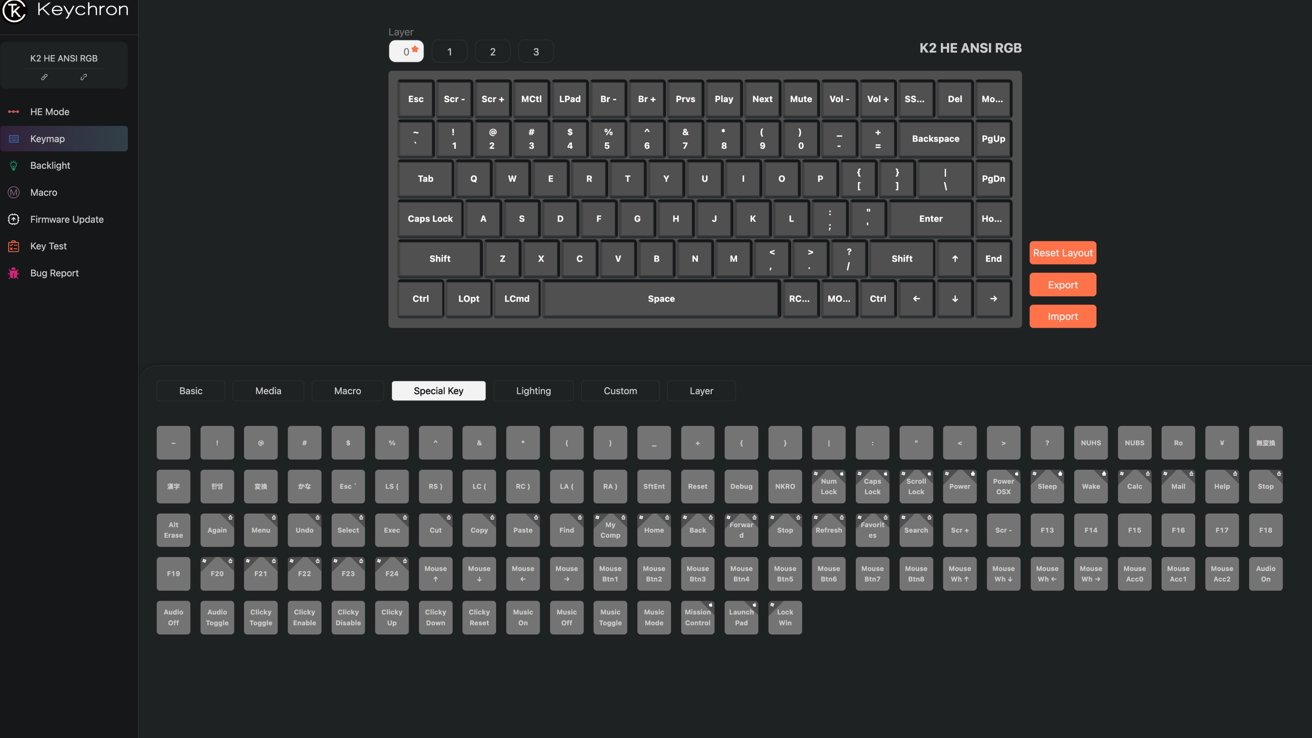 Keyboard layout visualization with customizable key functions, special key options displayed below, and reset, export, import buttons on the right side.