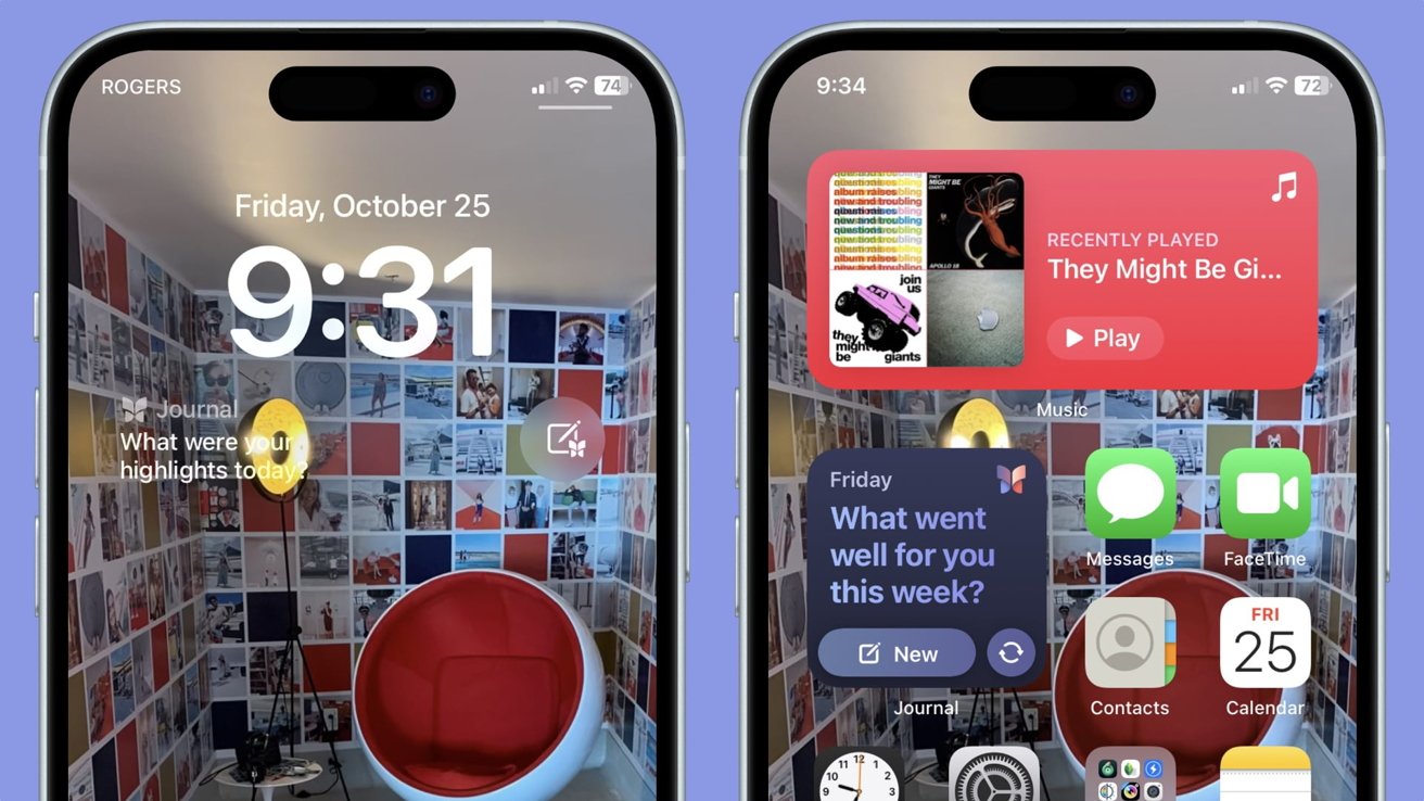 Two iPhones display lock and home screens, showcasing a room with patterned photo walls, a red chair, and various app widgets and notifications.