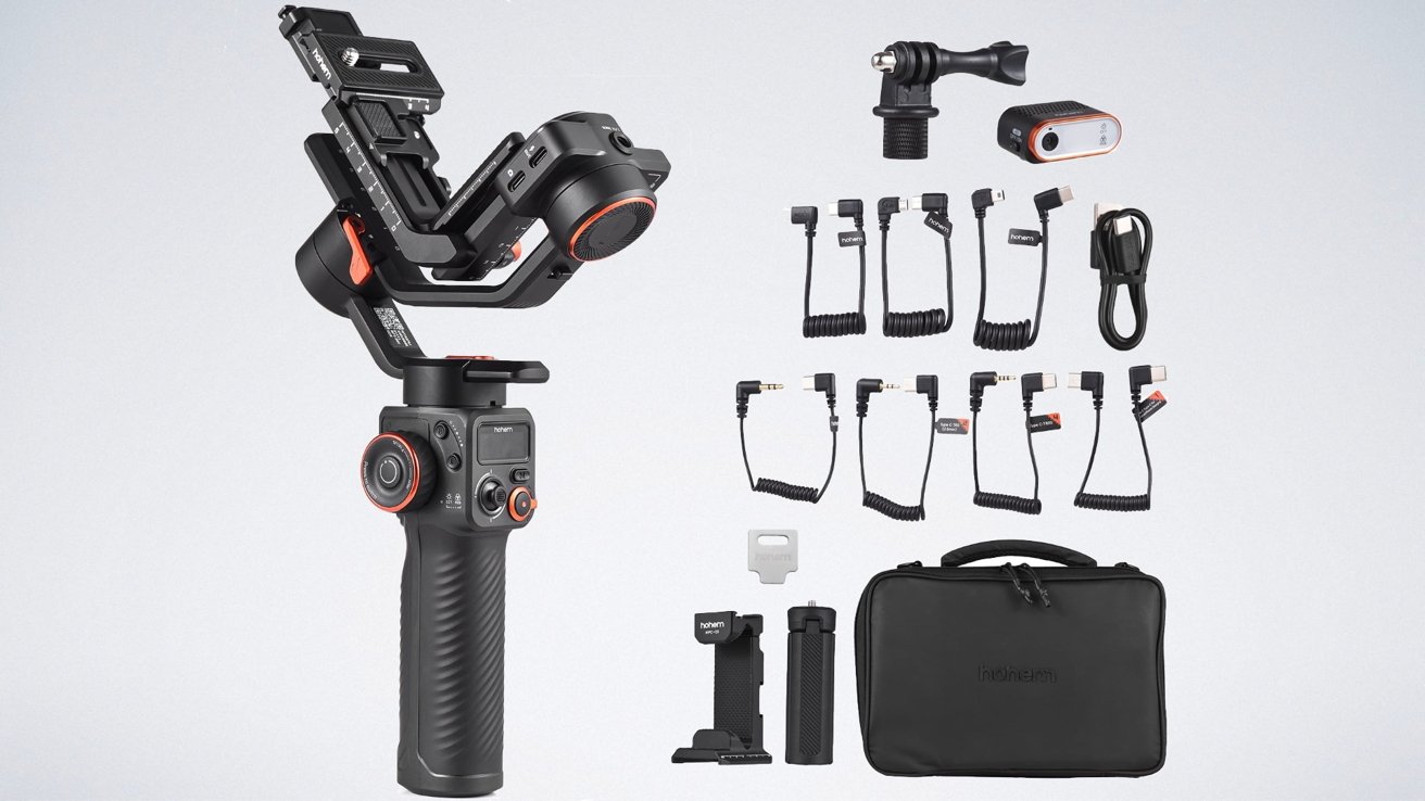 Black handheld camera stabilizer with various cables, accessories, and a storage bag arranged neatly.