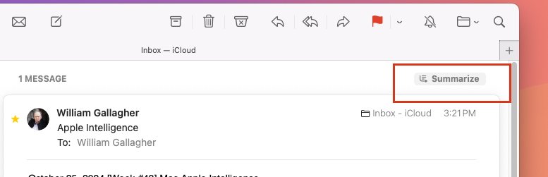 Email interface showing a message from William Gallagher at Apple Intelligence. The 'Summarize' button is highlighted in the top-right corner.