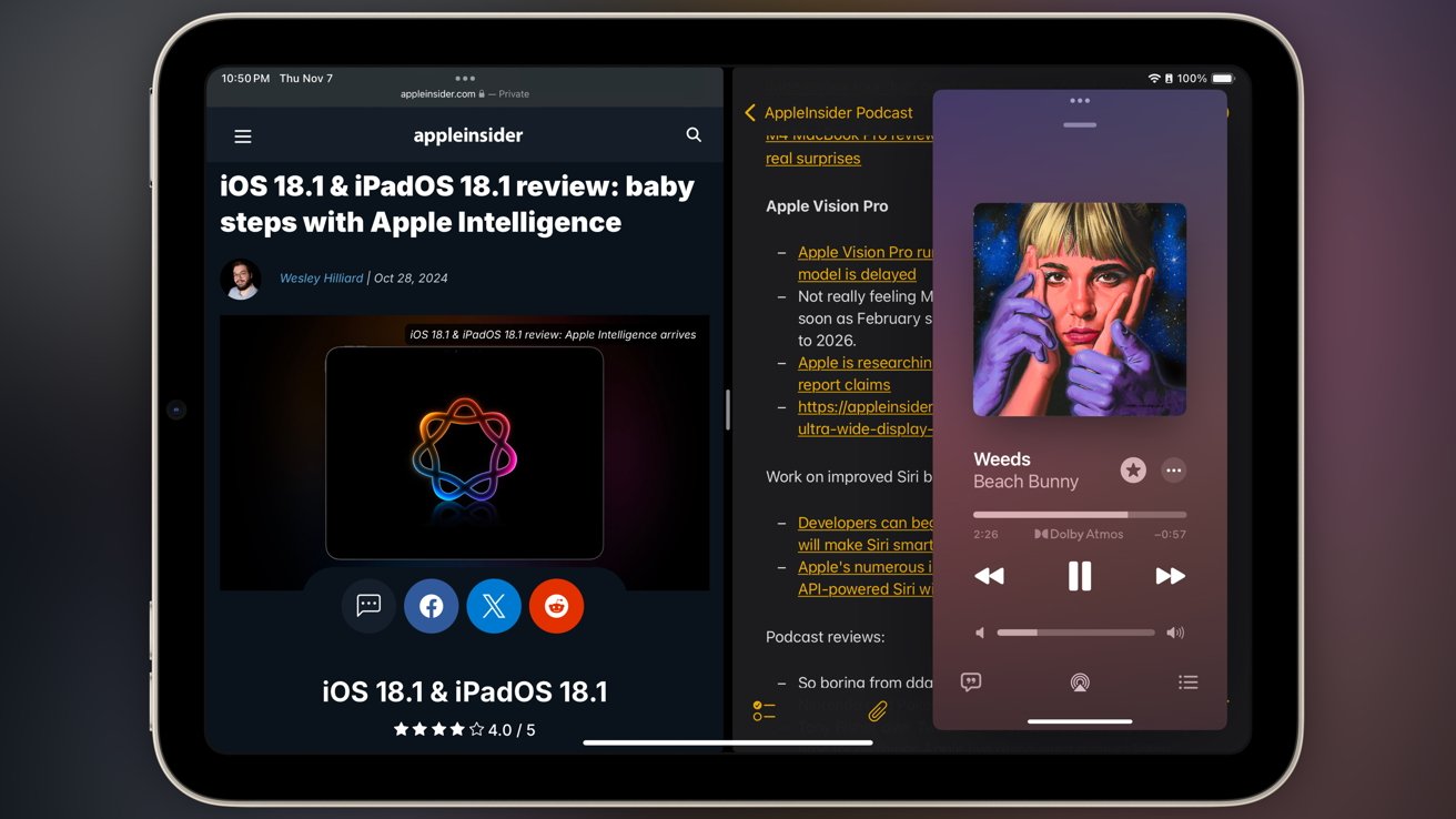 Tablet screen displaying AppleInsider article and notes app side by side, with music player widget showing a song titled 'Weeds' by Beach Bunny.