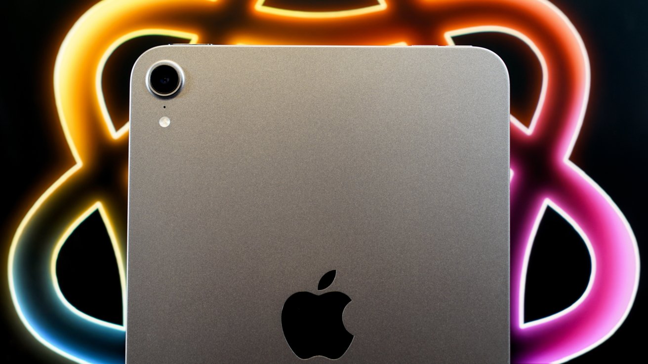 A close-up of a tablet's rear, featuring a camera and an Apple logo, with colorful neon shapes in the background.