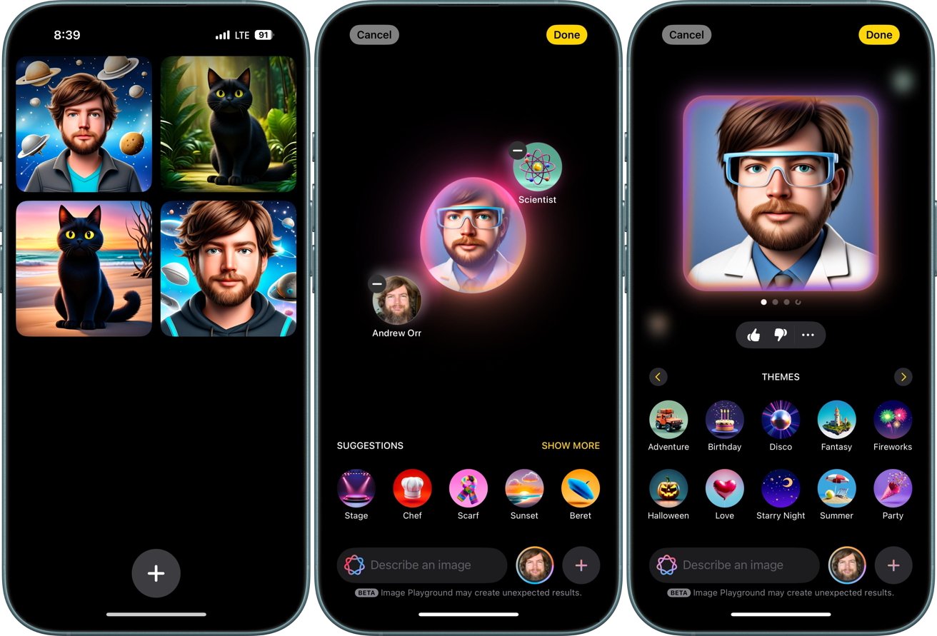 Three smartphone screens displaying AI-generated portraits of a bearded man and a black cat in various themed settings, including space and a beach, with theme options and editing tools visible.