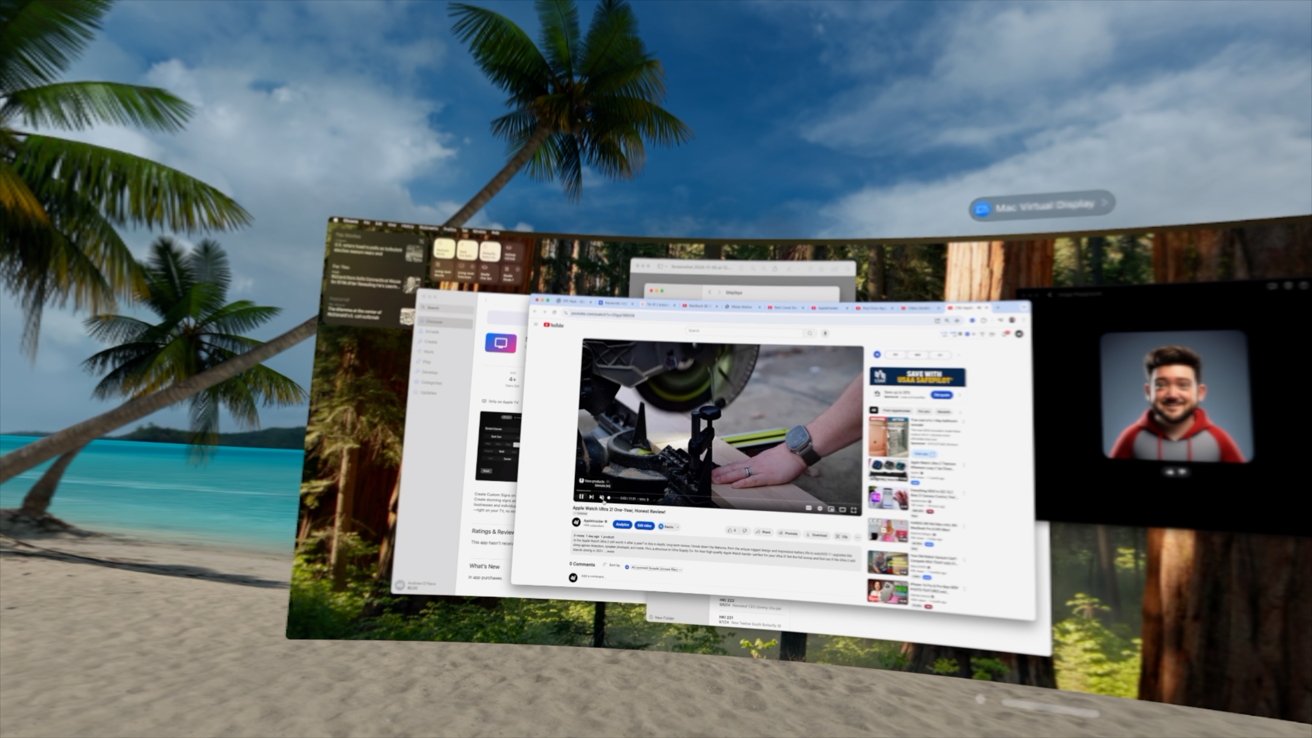 Virtual computer desktop on a tropical beach background with multiple browser windows open, including a YouTube video and an app display screen.