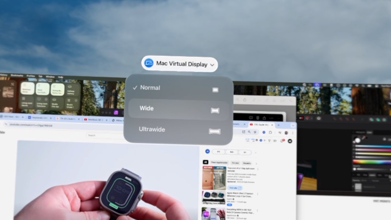 A virtual display setting menu overlay with options for normal, wide, and ultrawide views, featuring multiple open browser windows and a person holding a smartwatch.