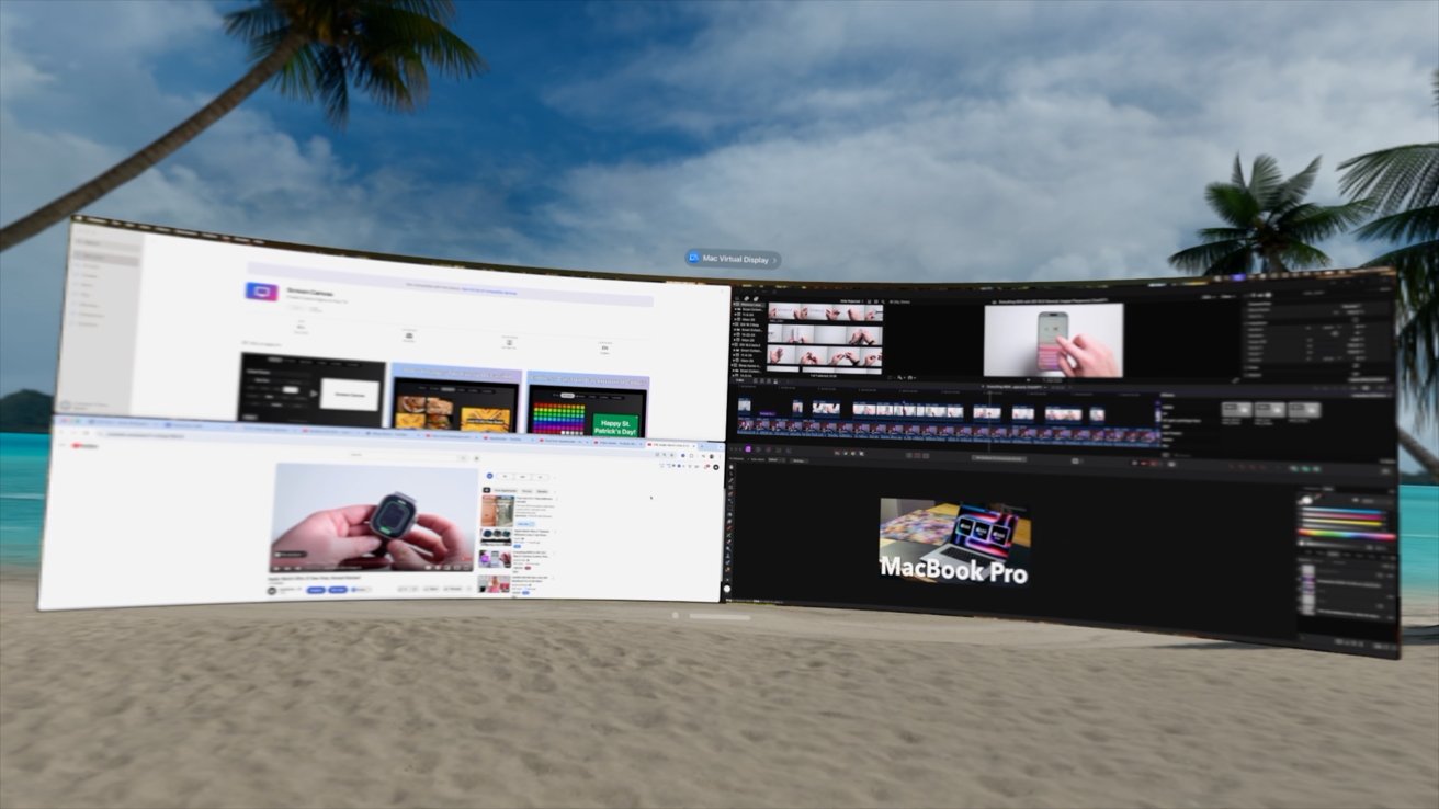 Virtual display showing multiple screens with software applications on a tropical beach background.