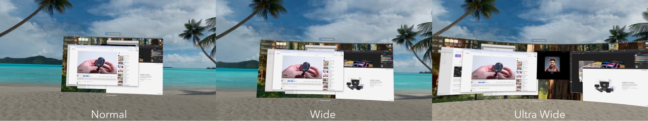 Three virtual reality screens on a beach: normal, wide, and ultra-wide display layouts, featuring web browsing and video content against a palm tree and ocean background.