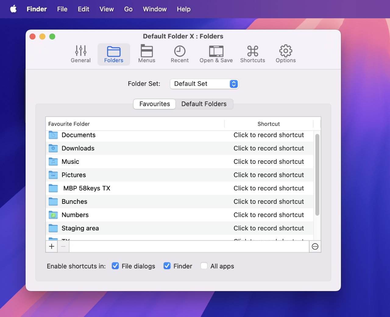 A Folder management software interface displaying favorite folders like Documents, Downloads, Music, with options to create shortcuts and settings for enabling shortcuts in file dialogs and Finder.