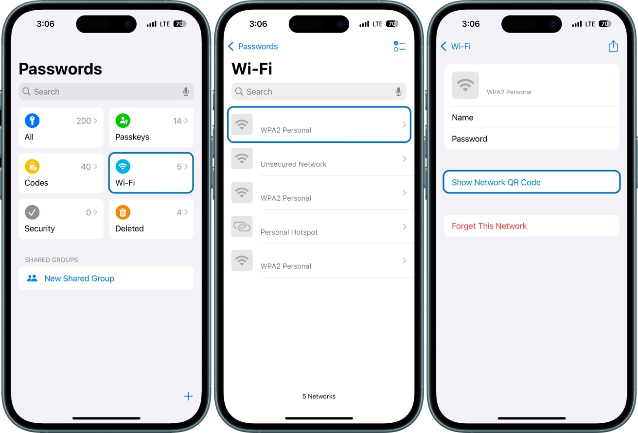 Three iPhone screens showing password management, Wi-Fi network options, and Wi-Fi settings with options to show a QR code or forget the network.