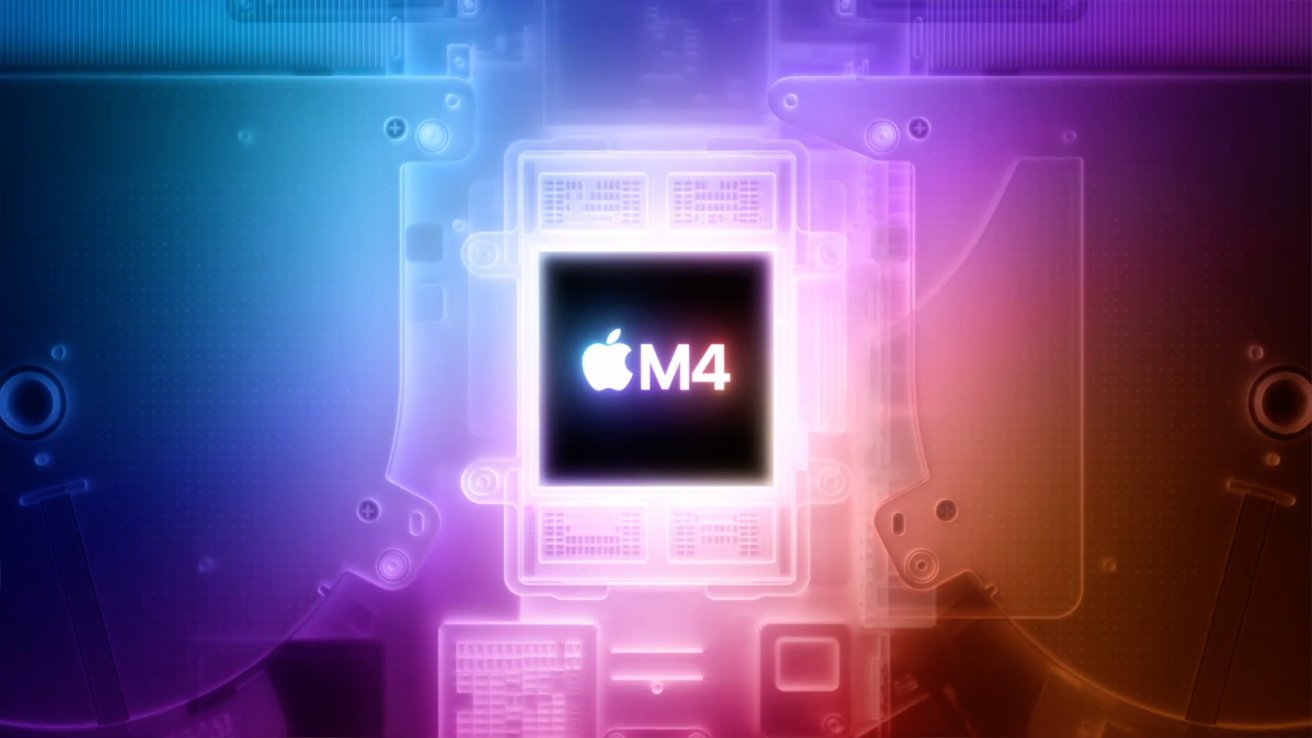 Glowing Apple M4 chip logo with a vibrant, futuristic blue and pink circuit board design surrounding it.