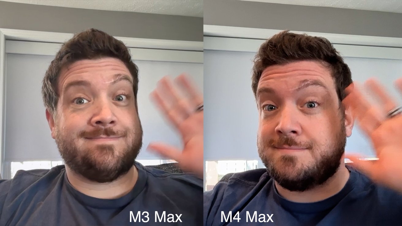 Man with short hair and a beard waves with a neutral expression. Two side-by-side shots labeled M3 Max and M4 Max show subtle differences.