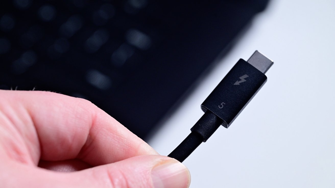 A hand holds a black USB-C cable with a thunderbolt symbol, against a blurred background.