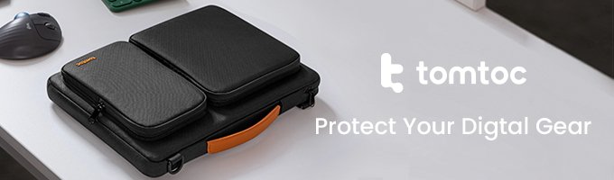 Black laptop sleeve with orange handle and two zippered pockets on a desk, next to a wireless mouse, with the text tomtoc Protect Your Digital Gear.