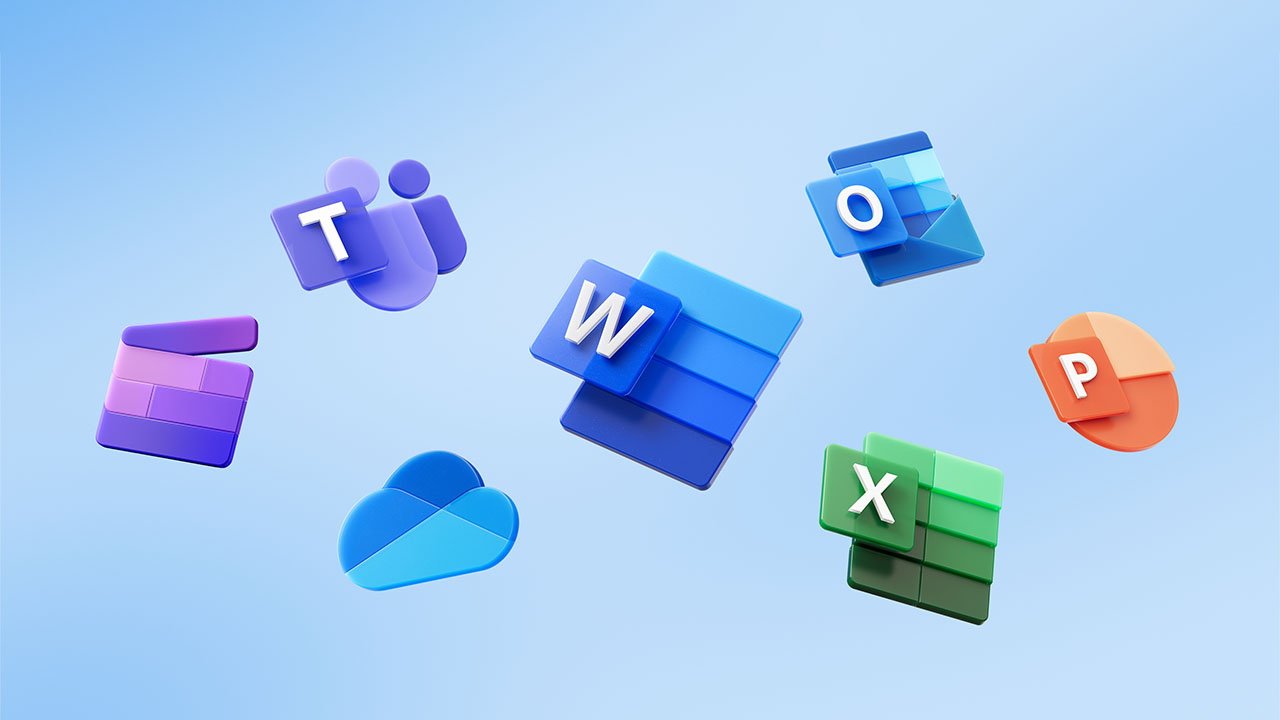 Floating colorful 3D icons representing Microsoft Office apps on a light blue background.