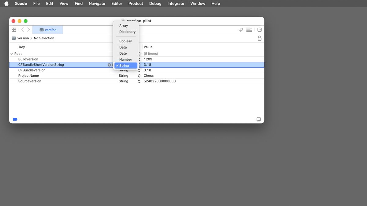 Xcode window displaying a plist file with version information.