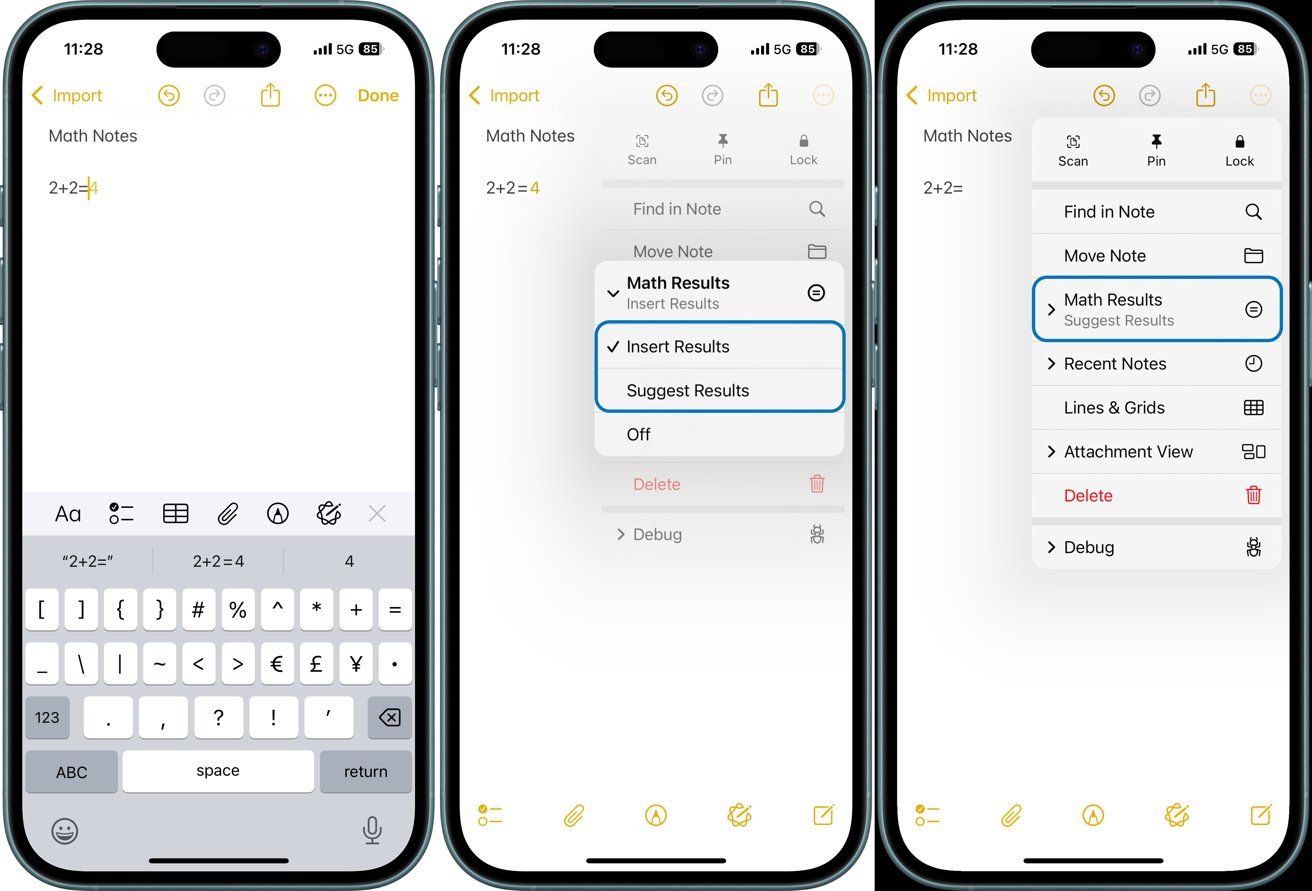 Three iPhone screens showing a note-taking app solving '2+2' with menu options for math results, including insert and suggest options.