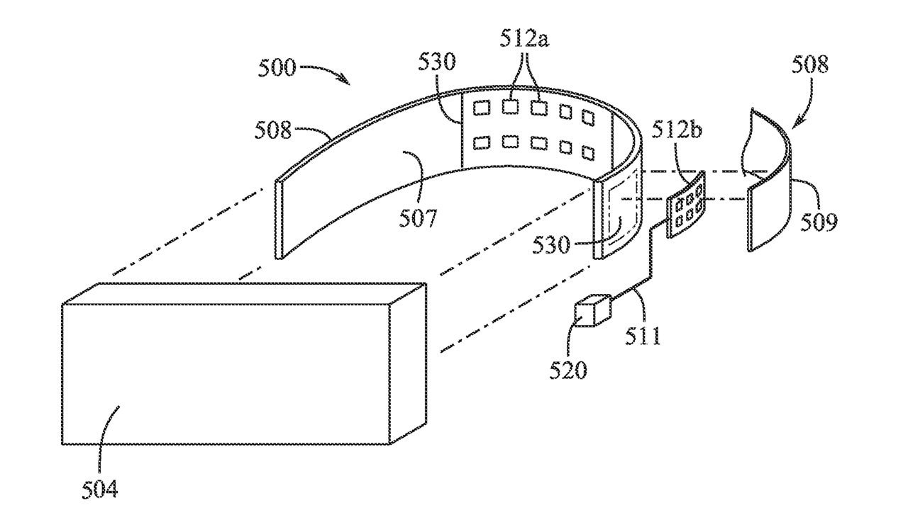 Exploded technical diagram featuring a segmented curved band with internal square elements and cylindrical components, illustrating assembly instructions.