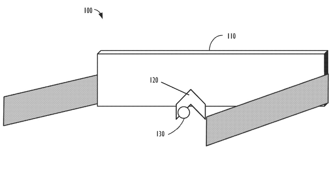 Boxy structure with two diagonal flaps extending outward, labeled parts including a circle and angled line.