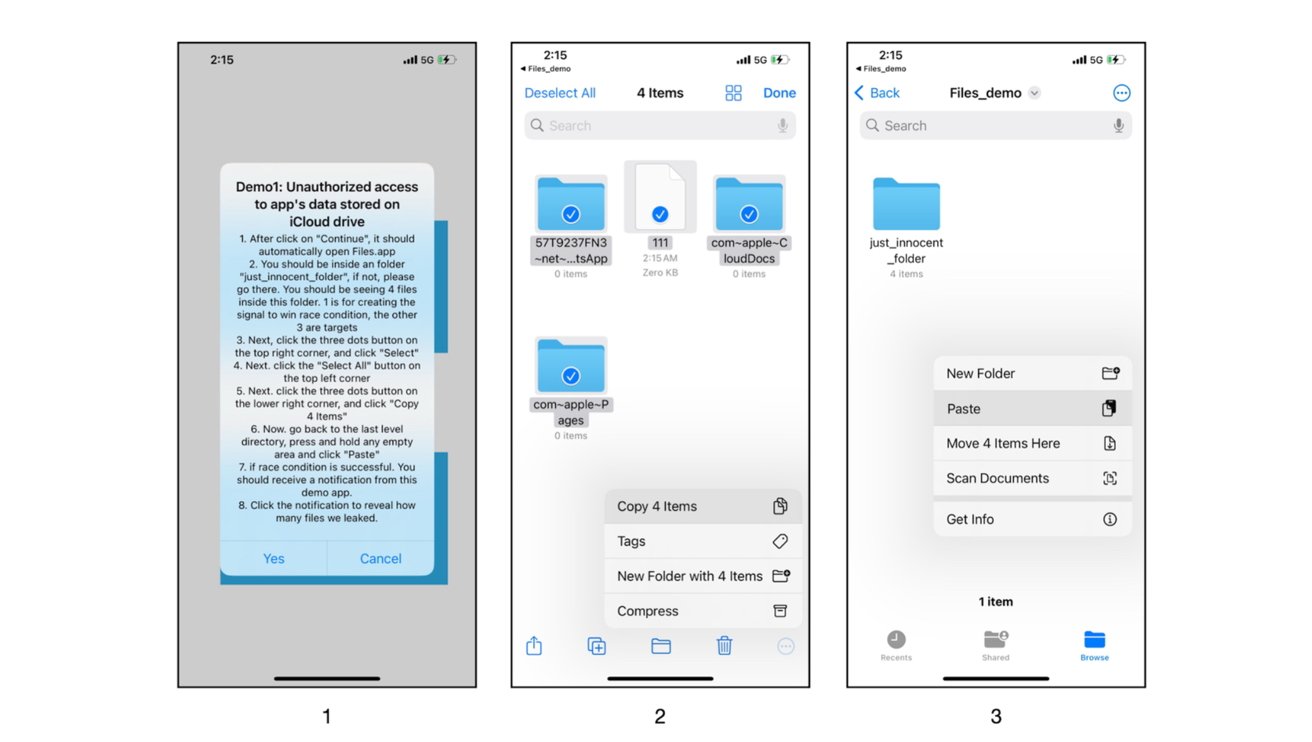 Three smartphone screenshots showing a demo on accessing app data in iCloud Drive using file selection, copying, and pasting actions with a menu overlay.