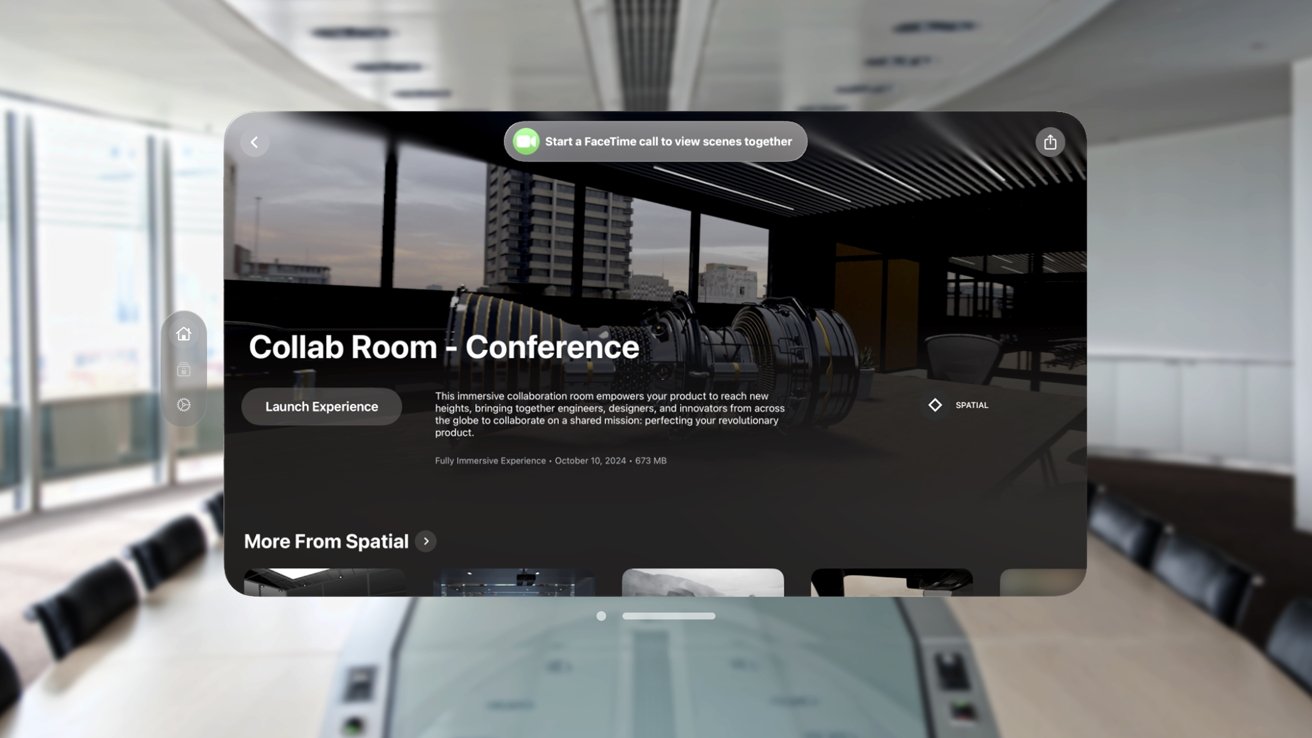 Digital interface displaying a virtual conference room experience with a launch button and descriptive text, set against a blurred office background.