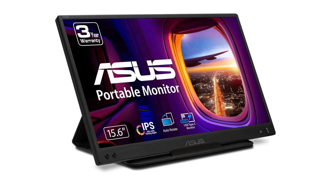 ASUS portable monitor with a 15.6-inch screen, featuring cityscape view through an airplane window, three-year warranty, IPS technology, auto-rotate feature, and USB Type-C connectivity.