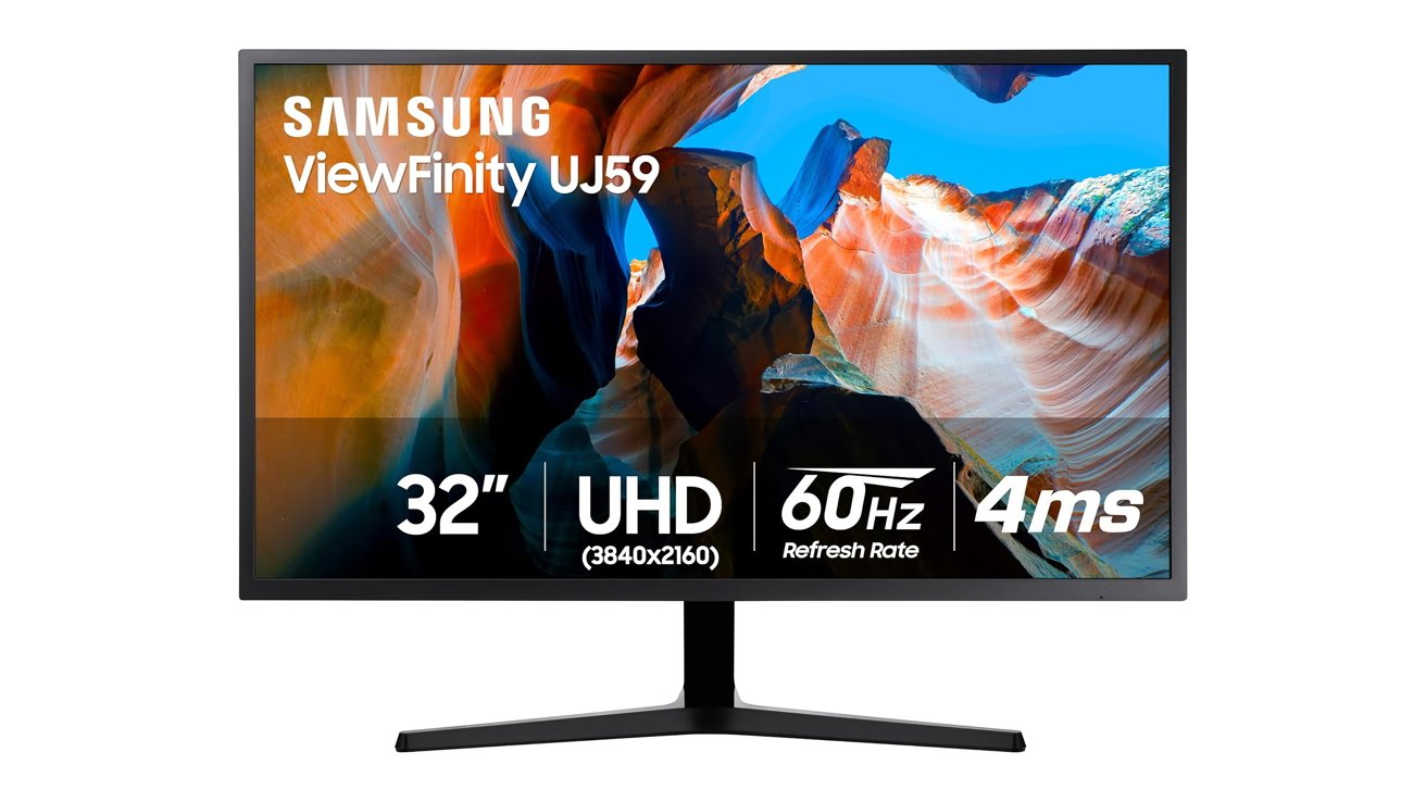 Samsung ViewFinity UJ59 monitor, showing a vibrant canyon scene with colors. Features include 32-inch size, UHD resolution, 60Hz refresh rate, and 4ms response time.