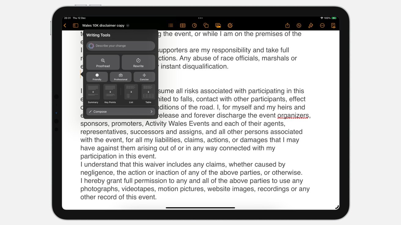 Tablet screenshot showing writing tool options like proofreading and rewriting over a legal disclaimer text.