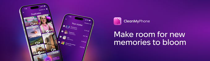 Two iPhones display CleanMyPhone cleaning app interface on a purple background with the text 'Make room for new memories to bloom' and the CleanMyPhone logo.